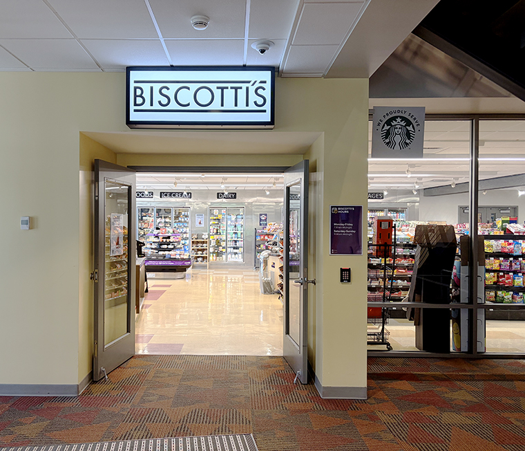 The entrance to Biscotti’s is located below the north entrance to Piazza.