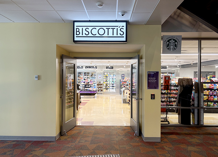 Storefront of Biscotti's convenient store